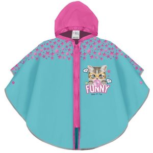 Chubasquero azul claro gato divertido cremallera